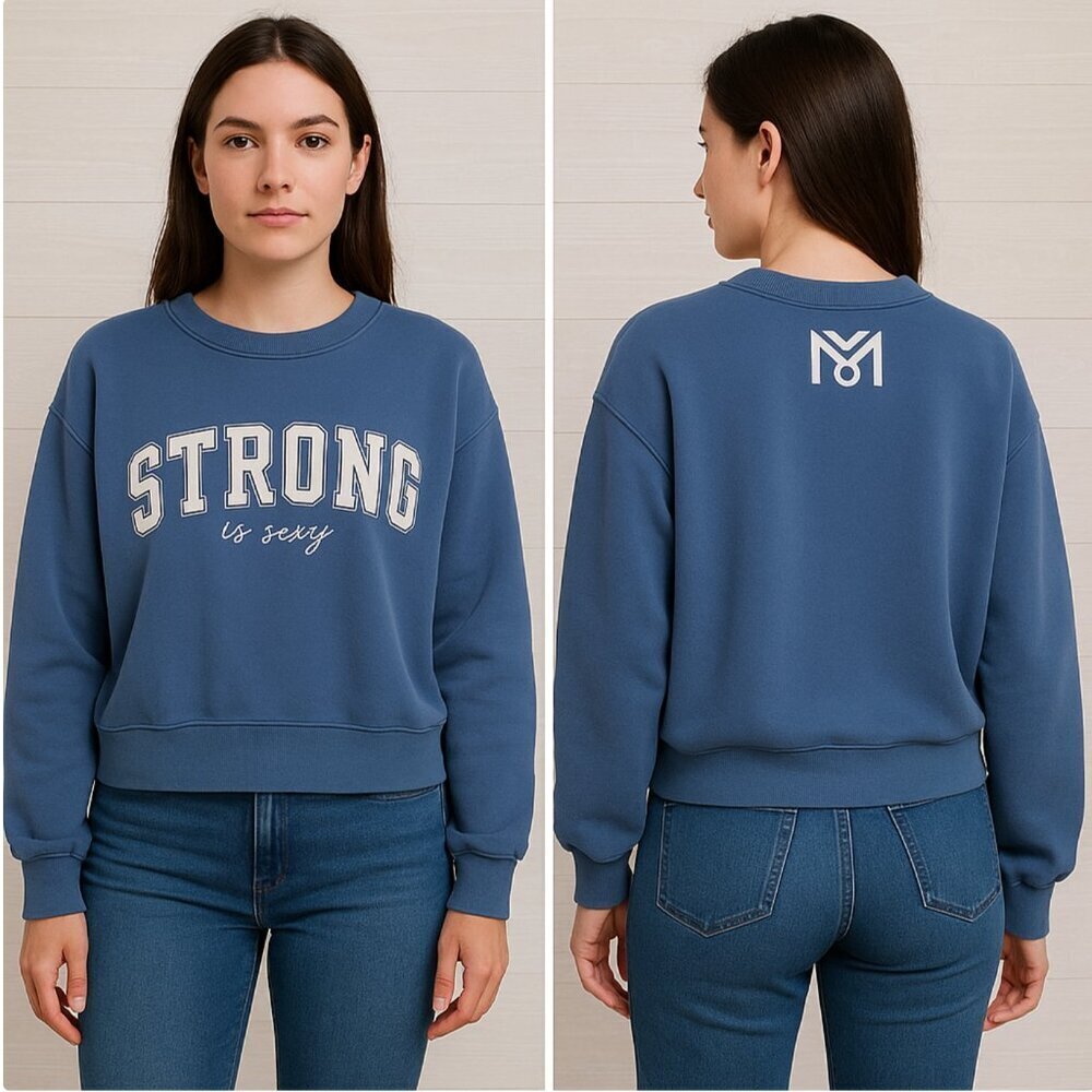 Women's Stylish Blue Oversized Pullover Sweatshirt with 'Strong is Sexy' Print